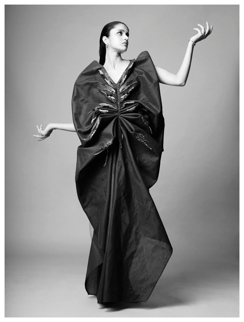 Teal sculpt dress in silk crepe with embellished brush stroke details.