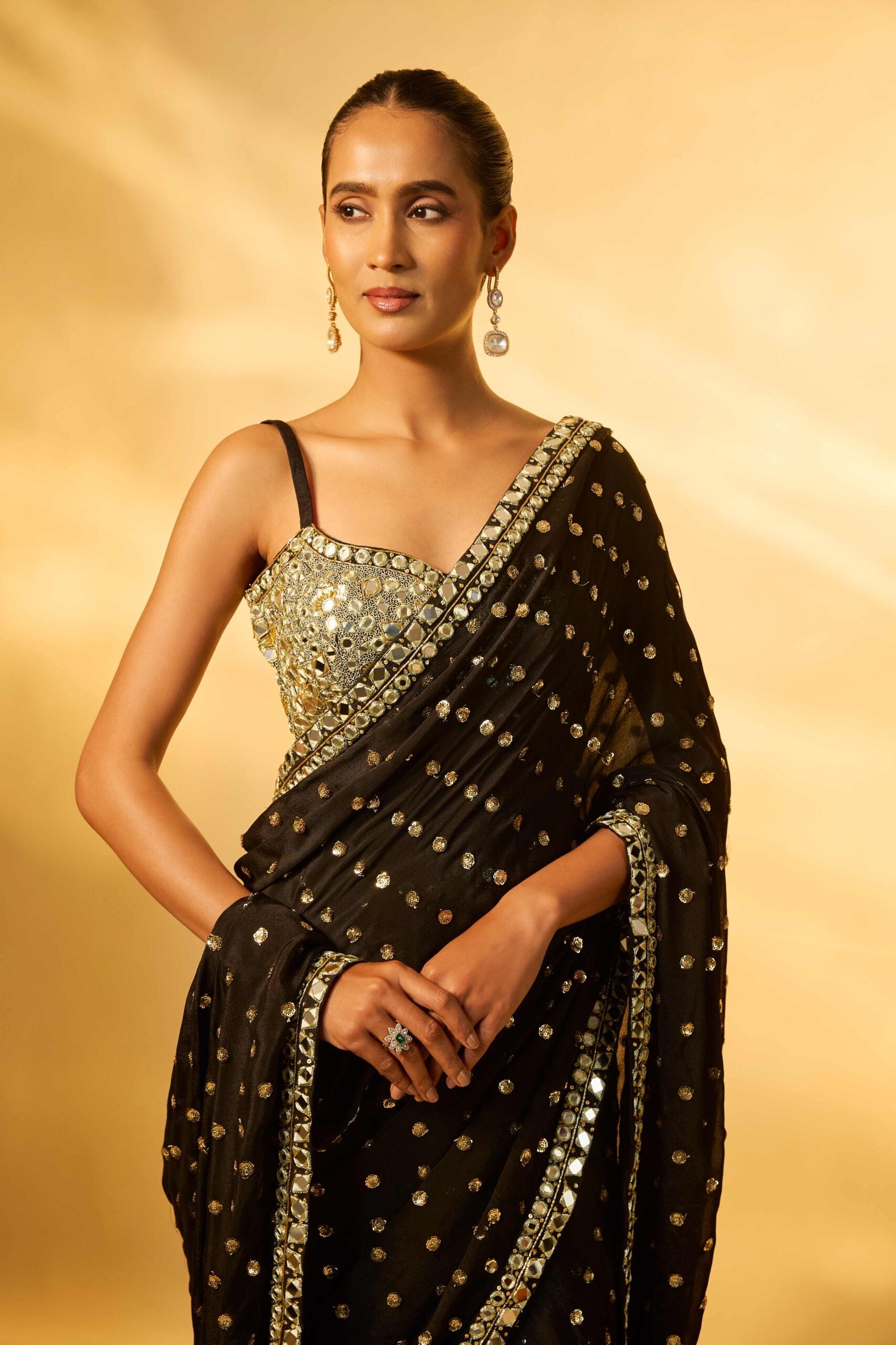 BLACK CHINON CHIFFON MIRROR EMBROIDERED PRE-DRAPED SAREE SET