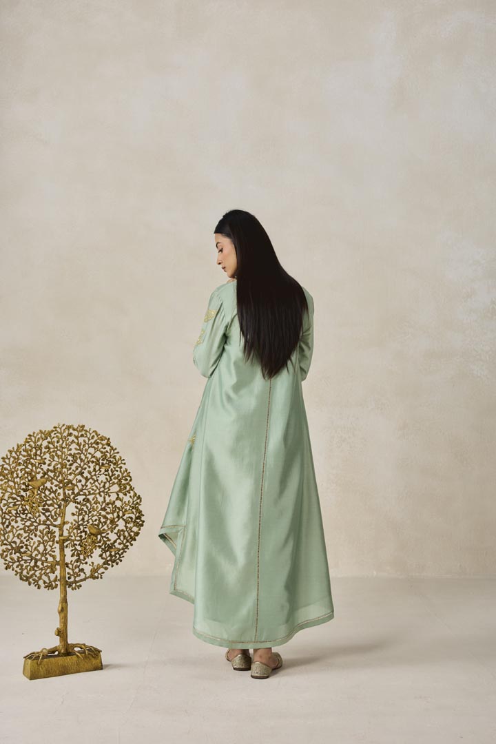 Sage Green Chanderi Jacket Kurta Set with Applique Work