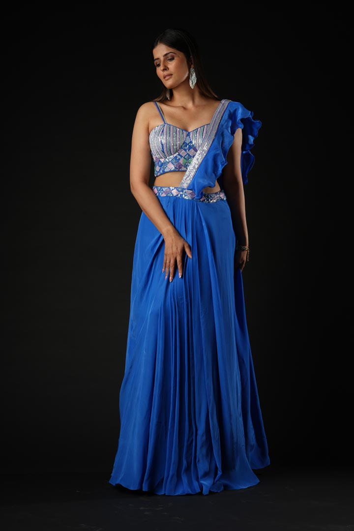 Cobalt Blue Viscose Ruffled Drape Saree Set