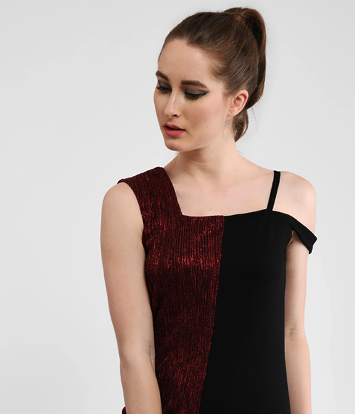 Split Personality Metallic Red & Black Asymmetric Jumpsuit