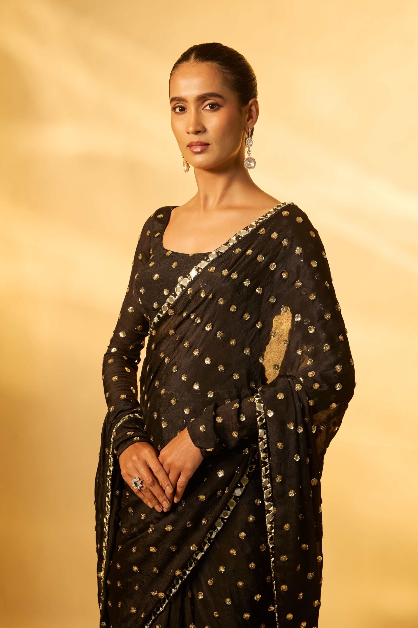 BLACK CHINON CHIFFON SEQUINS EMBROIDERED PRE-DRAPED SAREE SET