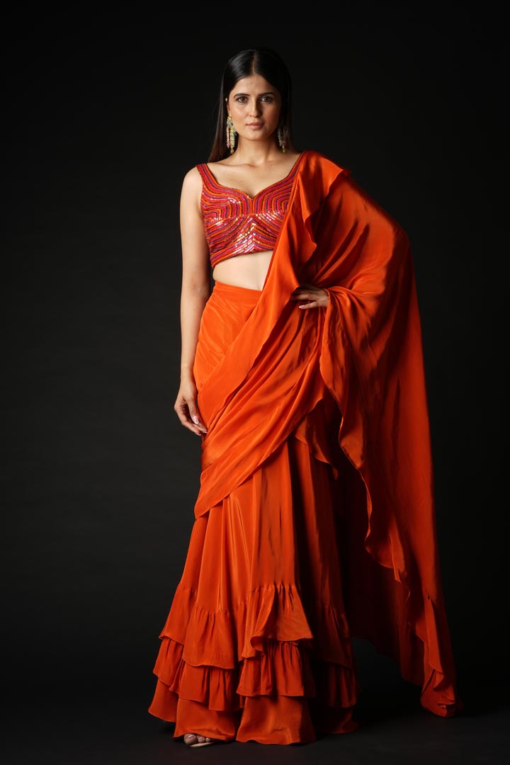 Rust Viscose Ruffled Saree Set