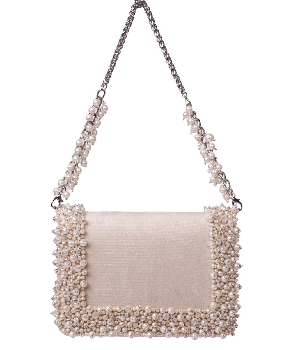 Aliya Ivory Suede Pearl Embellished Clutch
