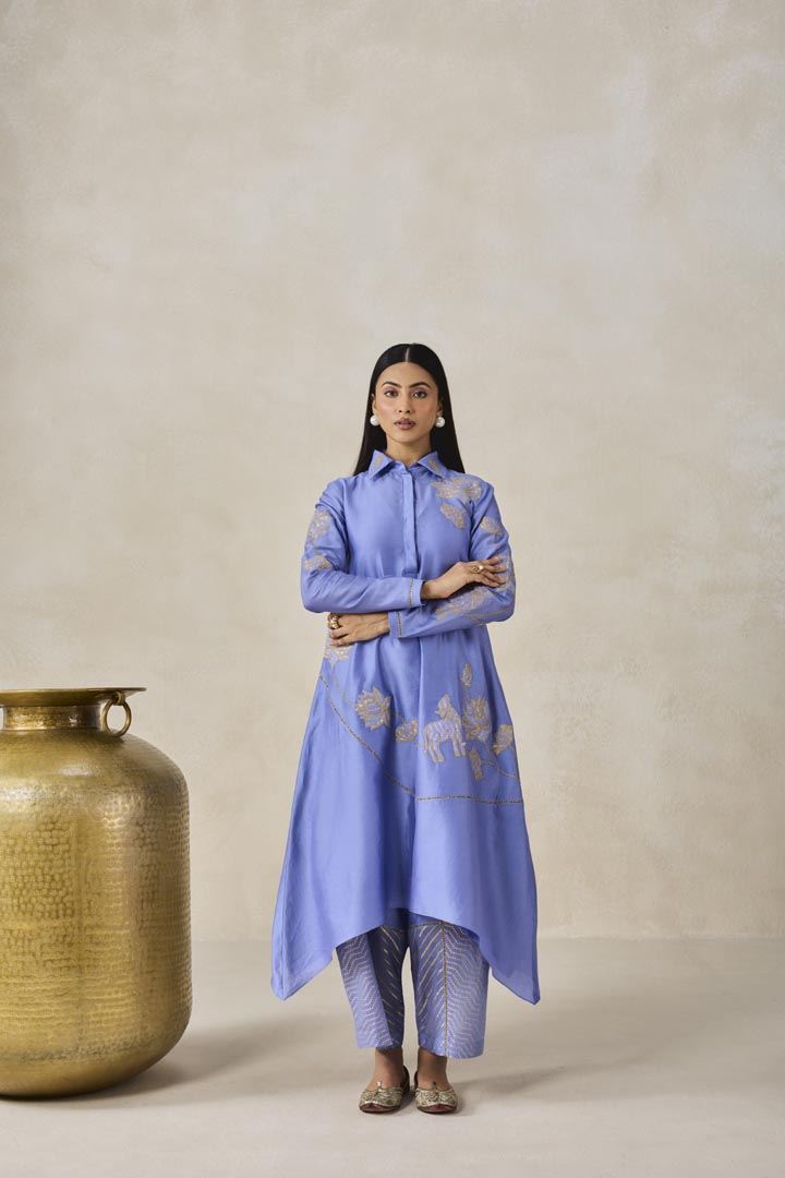 Ink Blue Chanderi Asymmetrical Kurta With Pant Set for Festivities