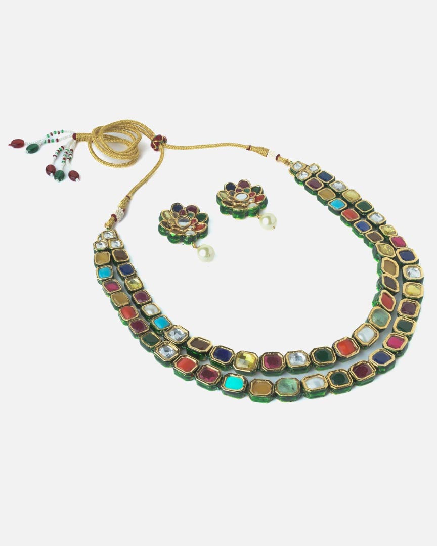 Vivinia By Vidhi Mehra Gold Plated Multicolored Womens Synthetic Stones Short Necklace Set with Pair of Earrings VN898