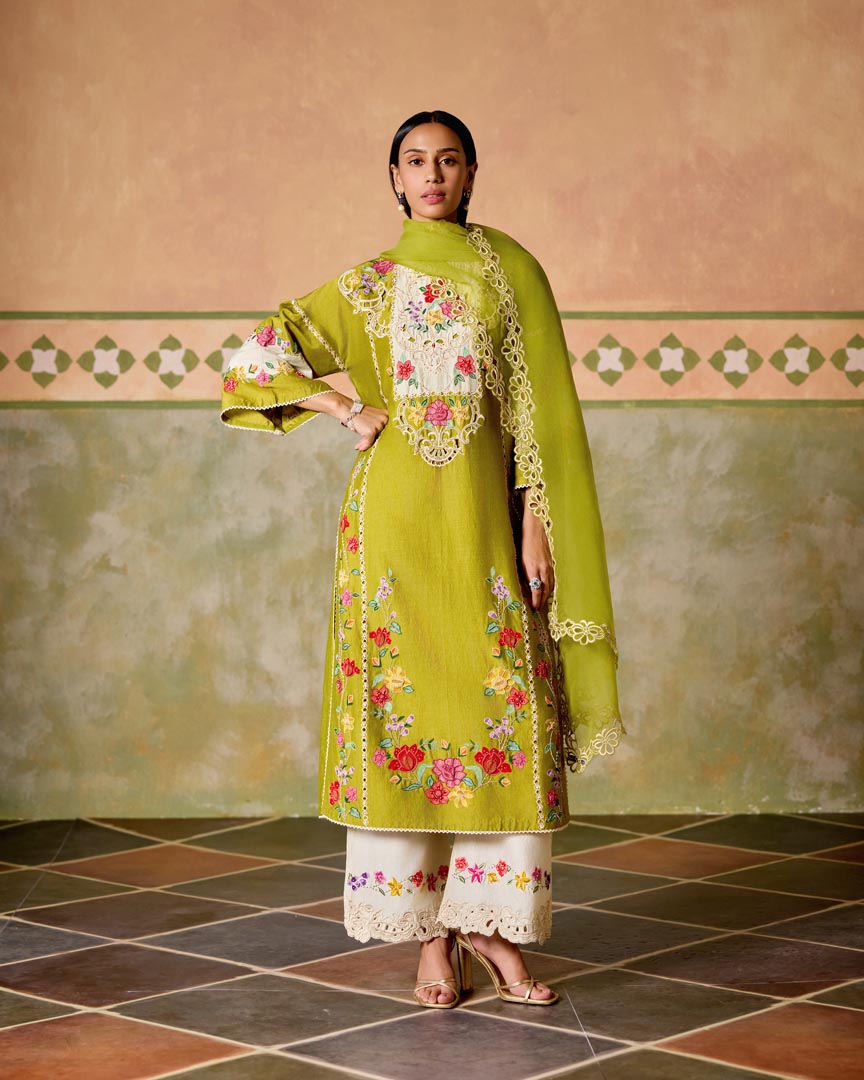OLIVE AND IVORY COLOUR BLOCK KURTA