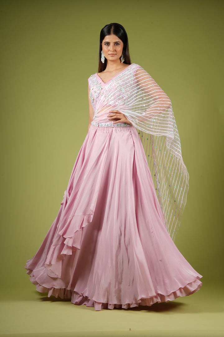 Onion Pink Viscose Ruffled Lehenga Set