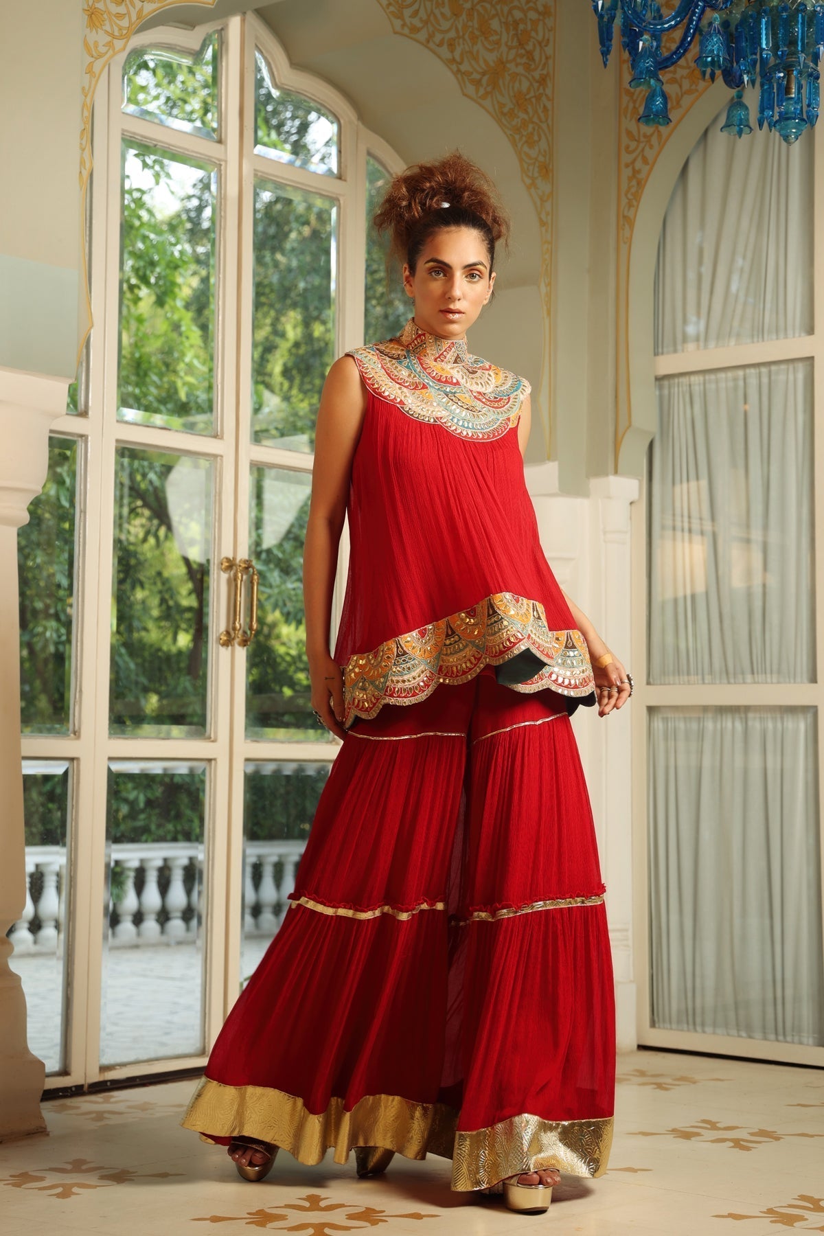 Image of Dilruba crimson bejewelled gotapatti tunic set