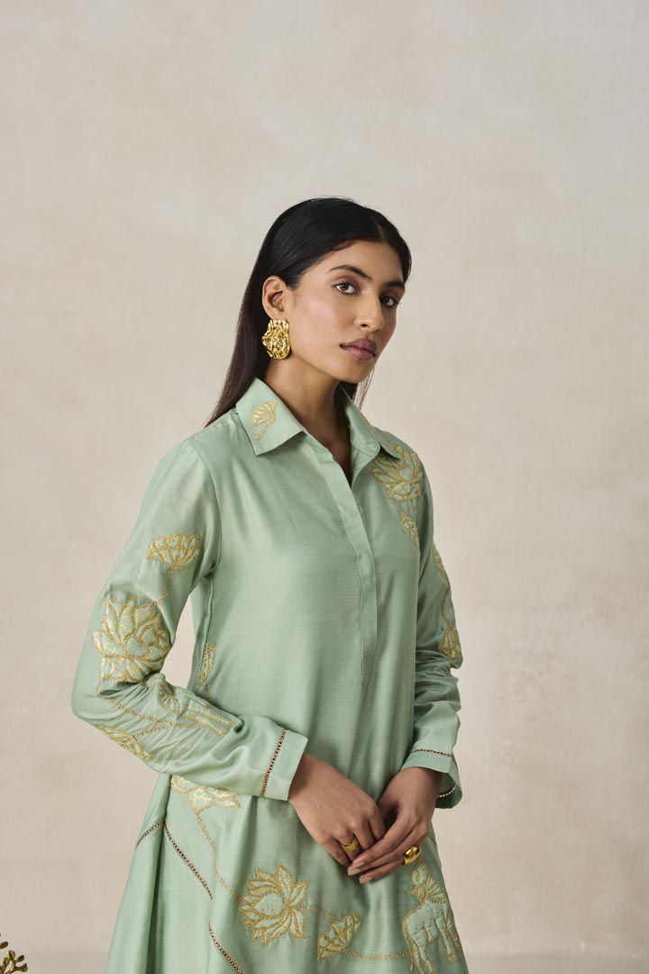 Sage Green Chanderi Asymmetrical Kurta Set for Festive Wear