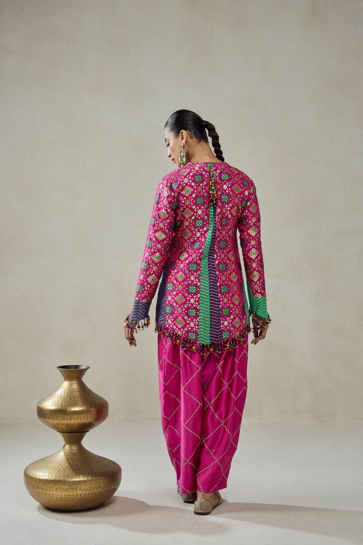 Fuschia Patola Silk Short Jacket Salwar Suit Co-ord Set
