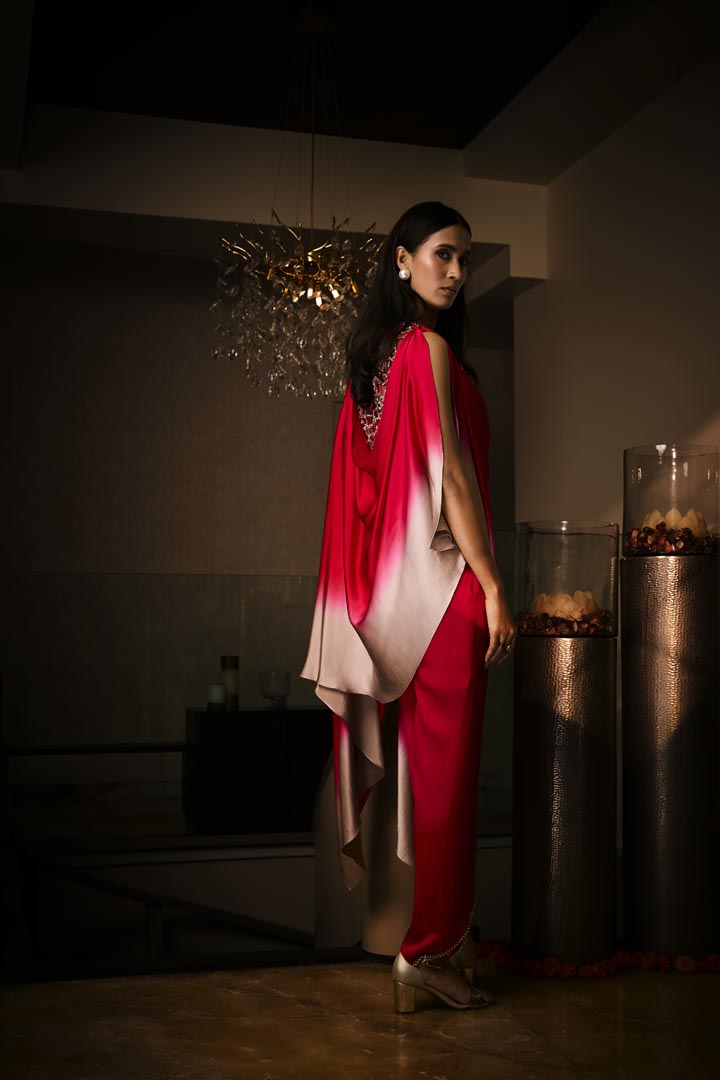 A pure silk satin sangria ombré tunic with tulip pants, detailed with bead and crystal embroidery.