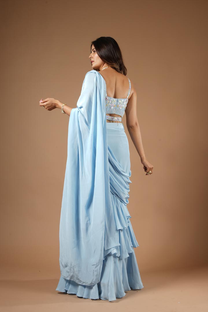 Powder Blue Viscose Ruffled Saree Set