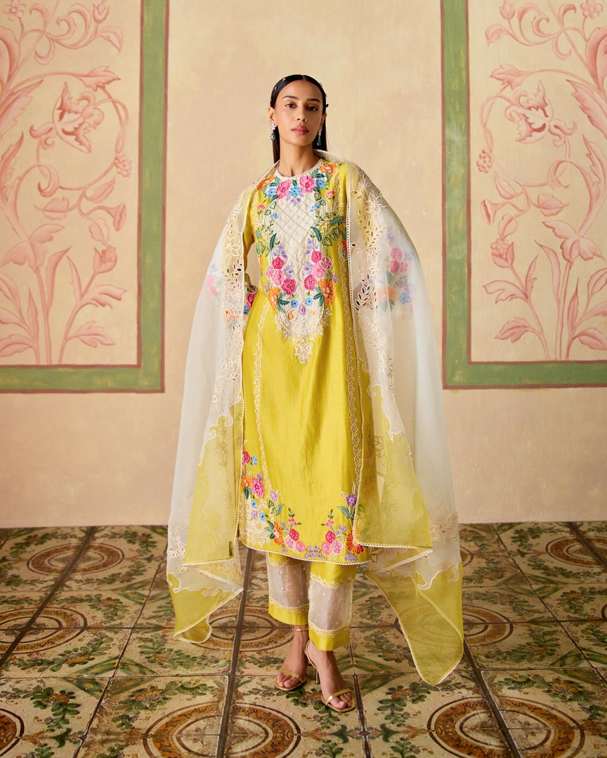 YELLOW AND IVORY COLOR BLOCK EMBROIDERED KURTA