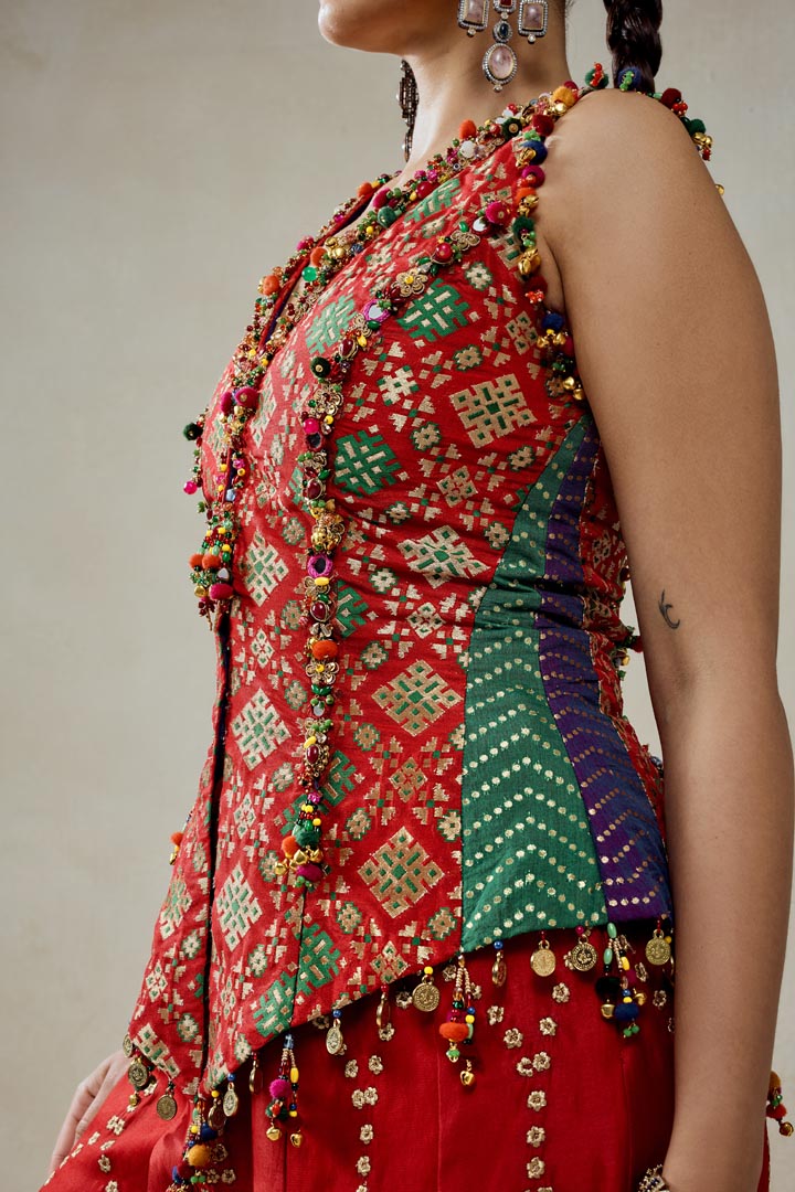 Red Patola Silk Sharara Set with Embellished Structured Top