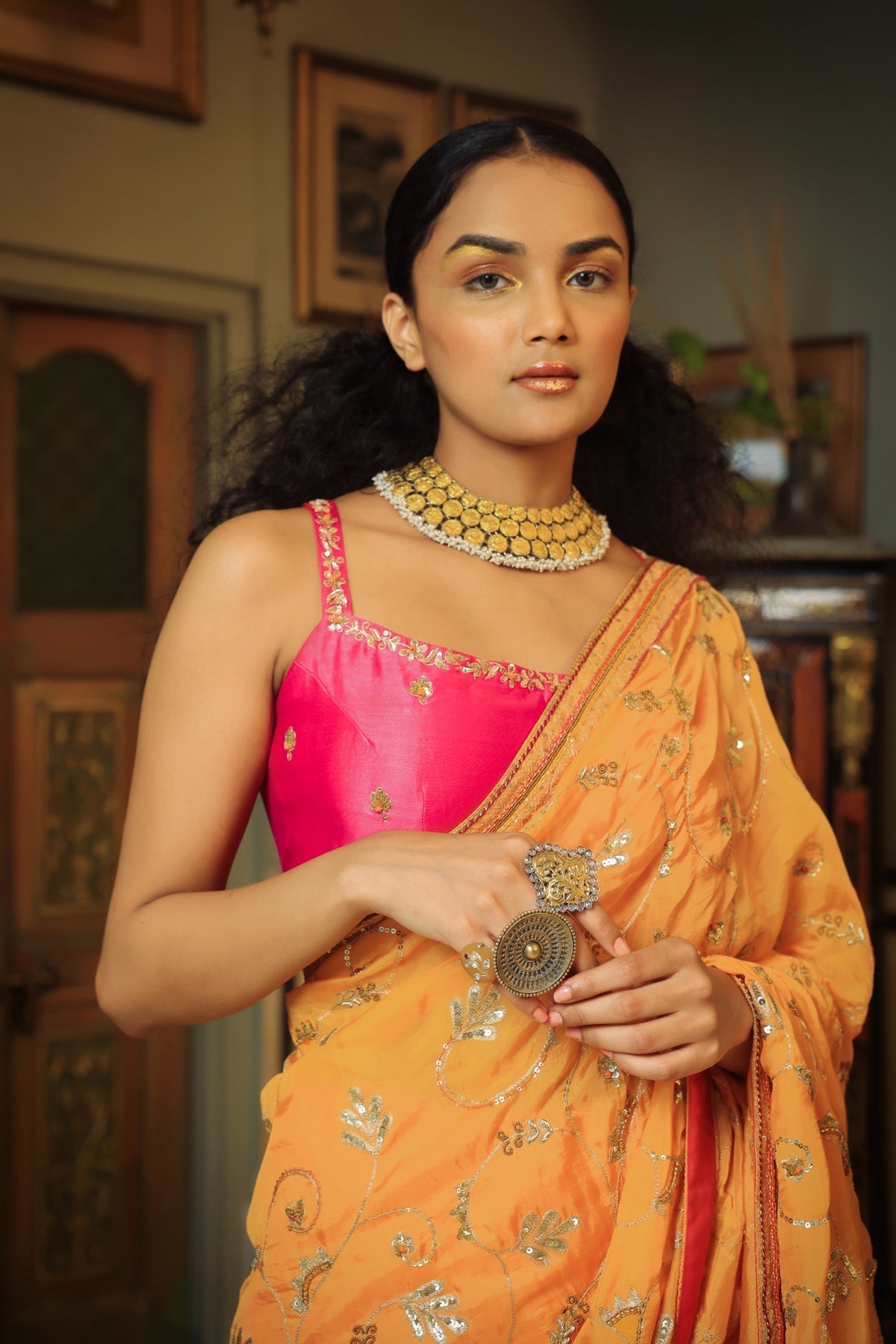 Image of Dilruba narangi jaal saree blouse