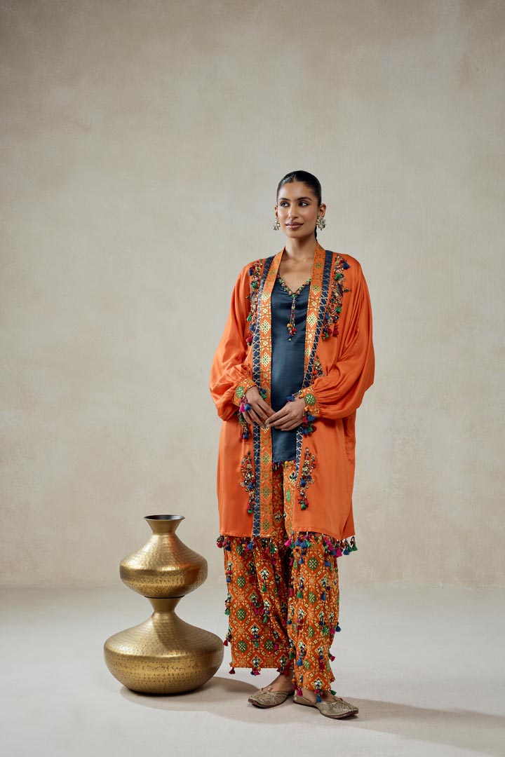Orange Modal Silk Cape With Patola Silk Salwar Set | Festive Wear