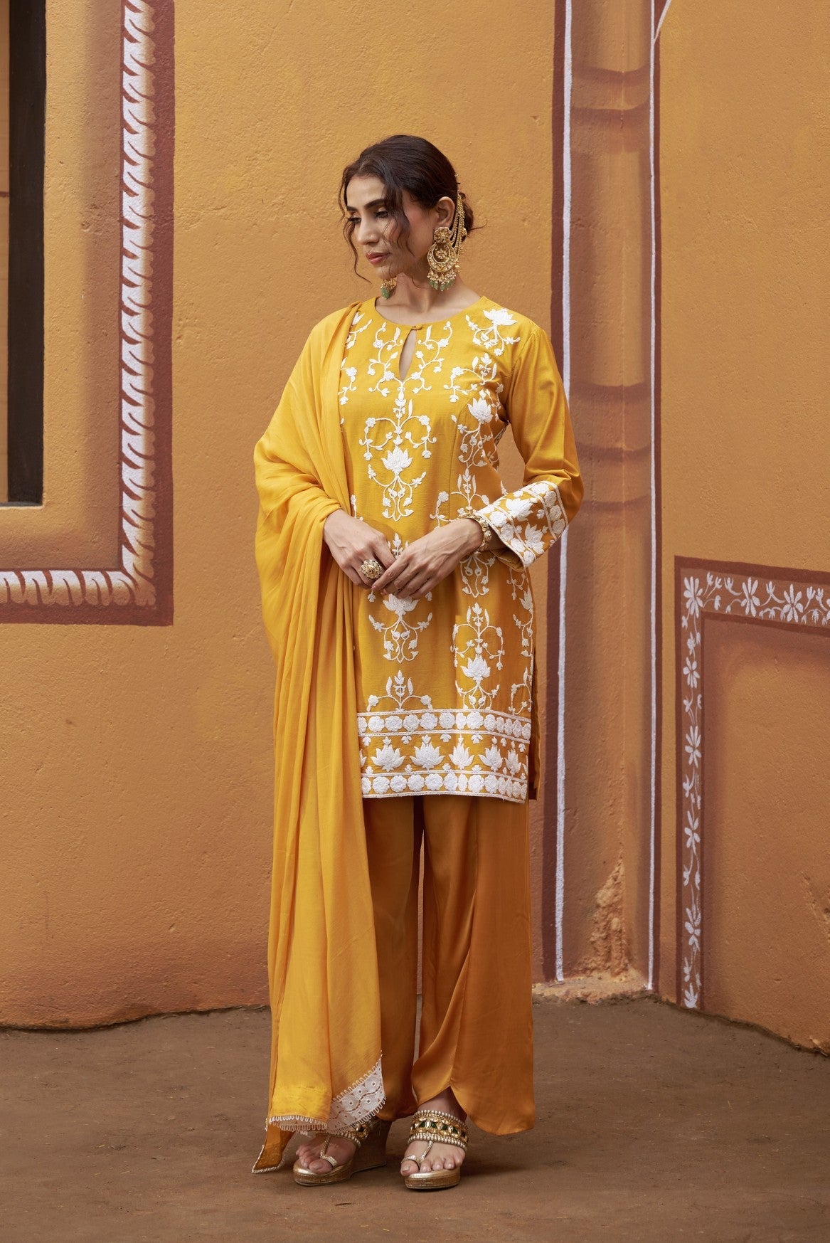 Lotus motif thread work golden yellow Kurta Set
