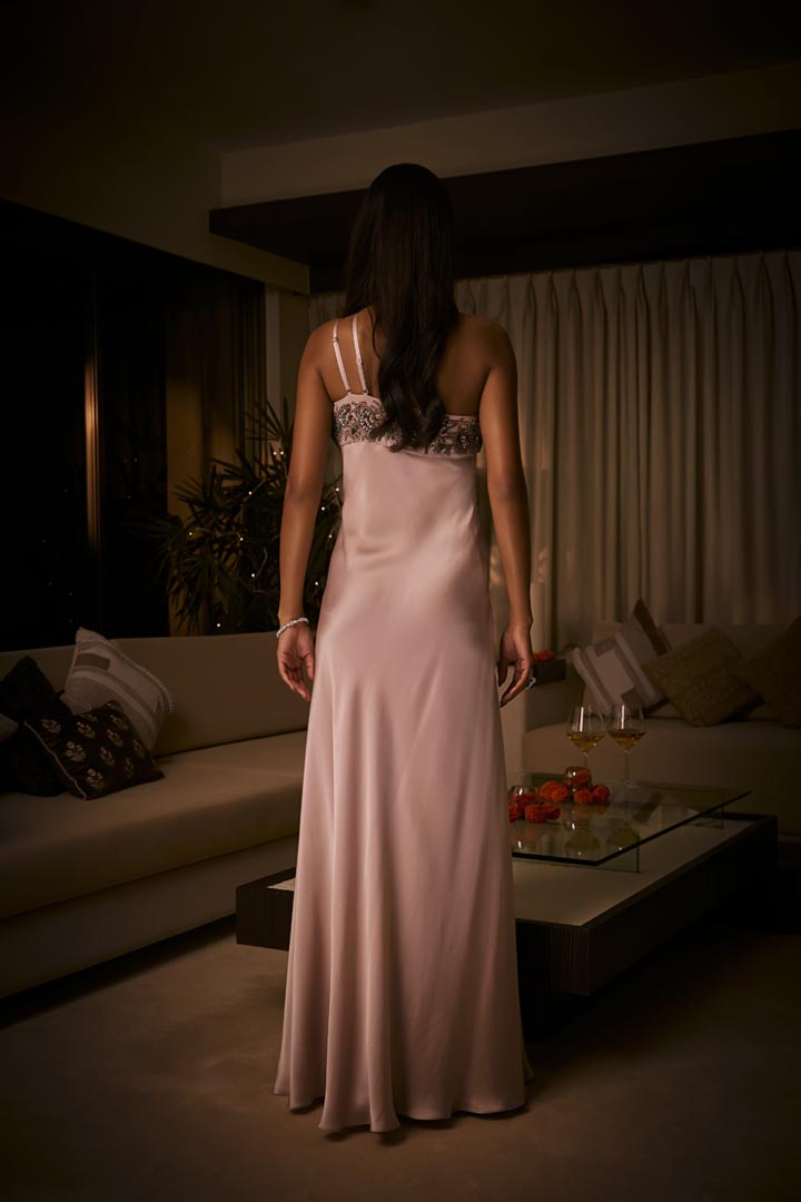 A pure silk satin one-shoulder gown in dusty pink and taupe ombré effect, detailed with bead and crystal embroidery