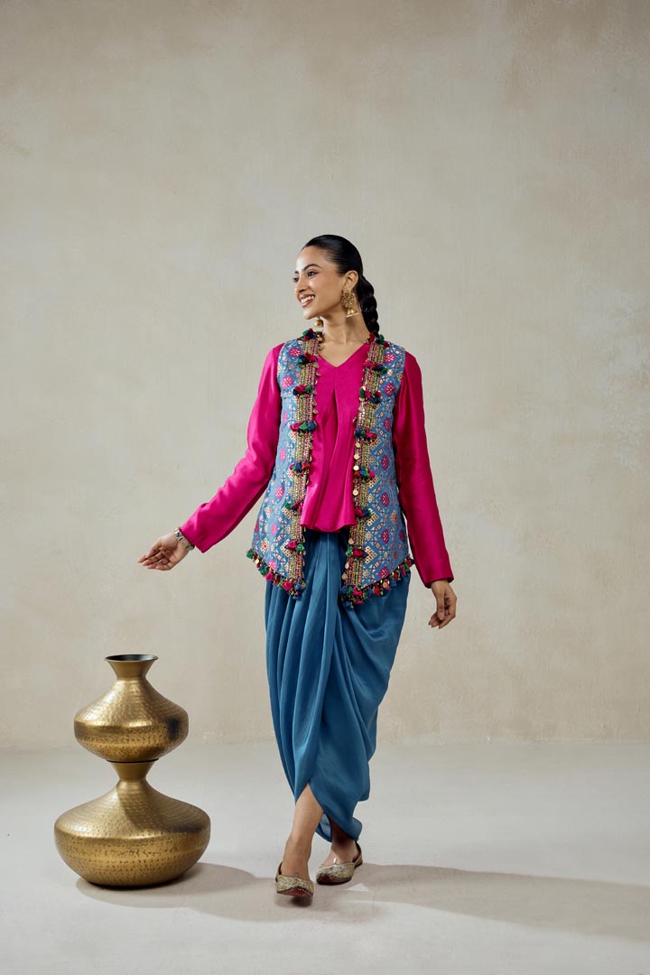 Royal Blue Patola Silk Jacket and Dhoti Skirt Set