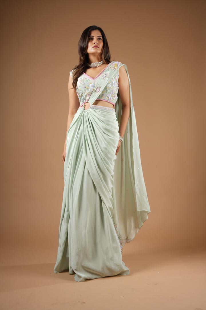 Pistachio Green Viscose Hand Embroidered Lehenga Saree Set