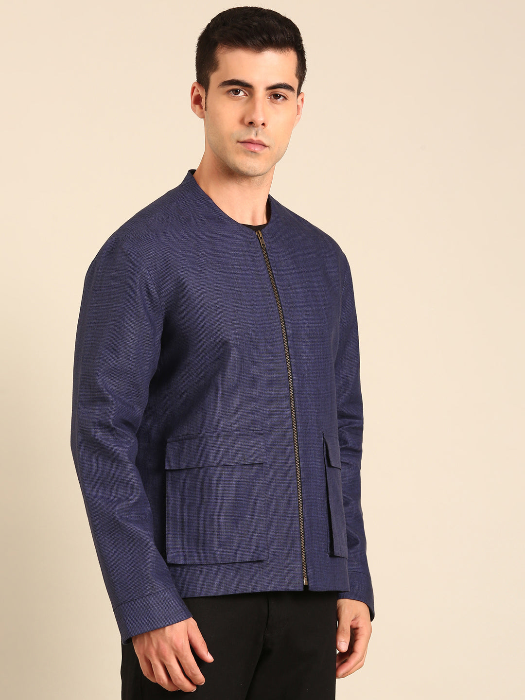 Blue 100% Linen Bomber Jacket