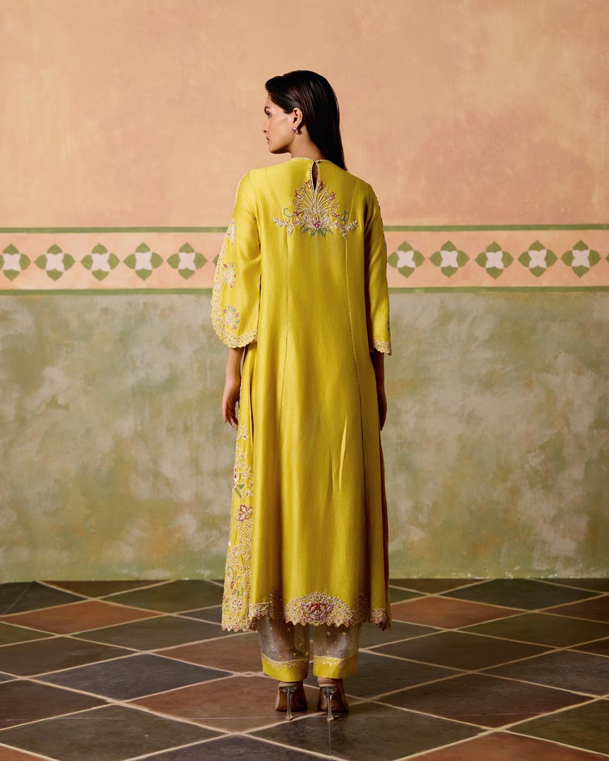 YELLOW CONTRAST CORDWORK FLARED LONG KURTA