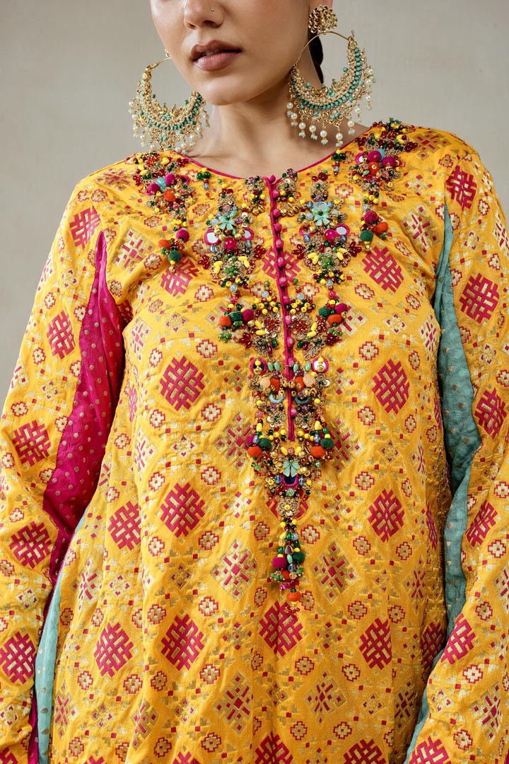 Yellow Patola Silk Suit with Dhoti Pants Festive Set