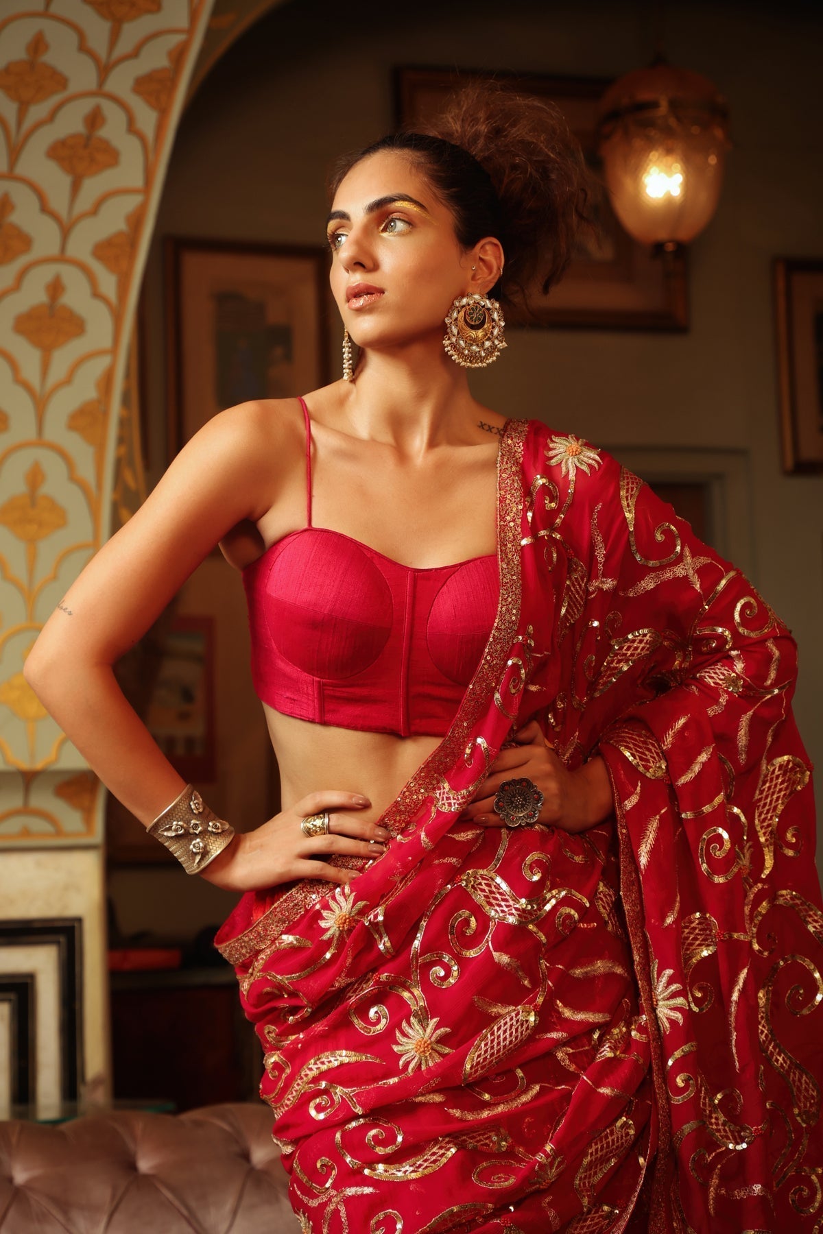 Image of Dilruba rose red sitara saree with crush lehenga and corset blouse