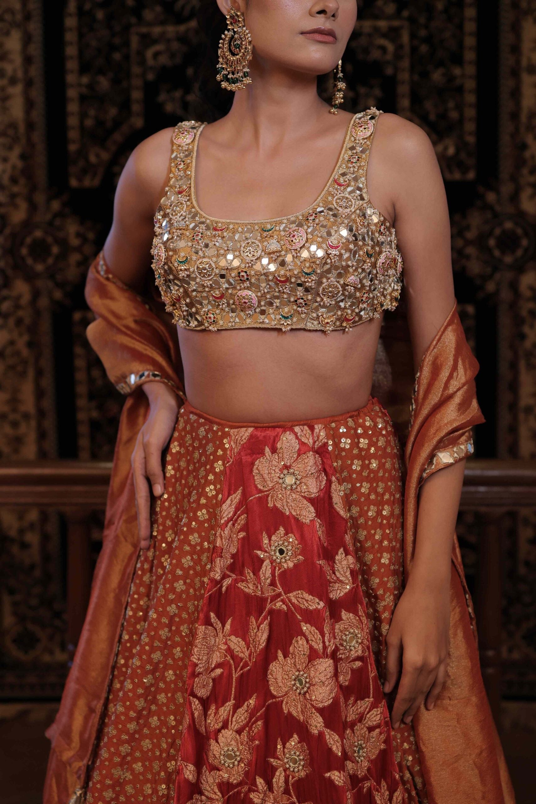 The "Virasat" lehenga choli / Red & Rust jewel embellished lehenga set