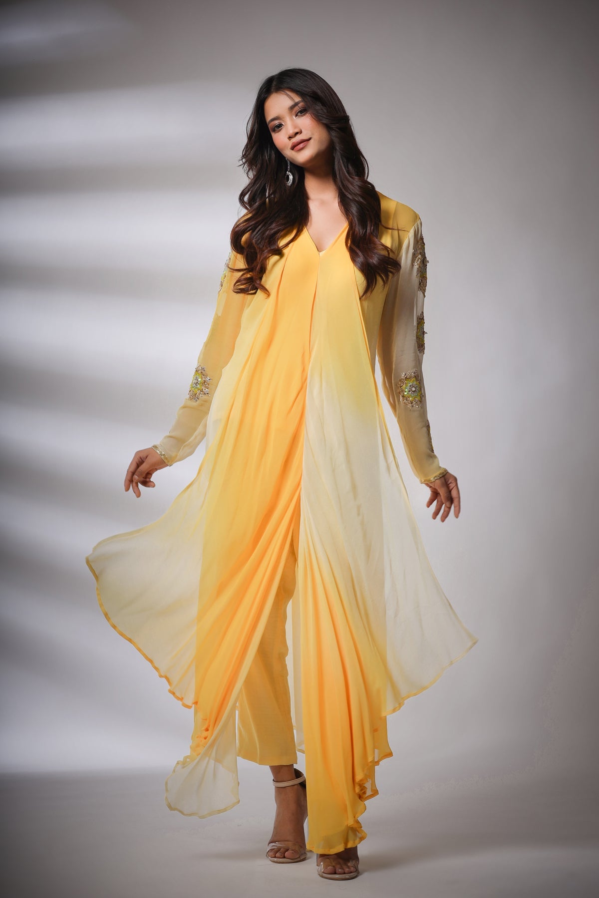 Image of Haseena leheriya set in yellow