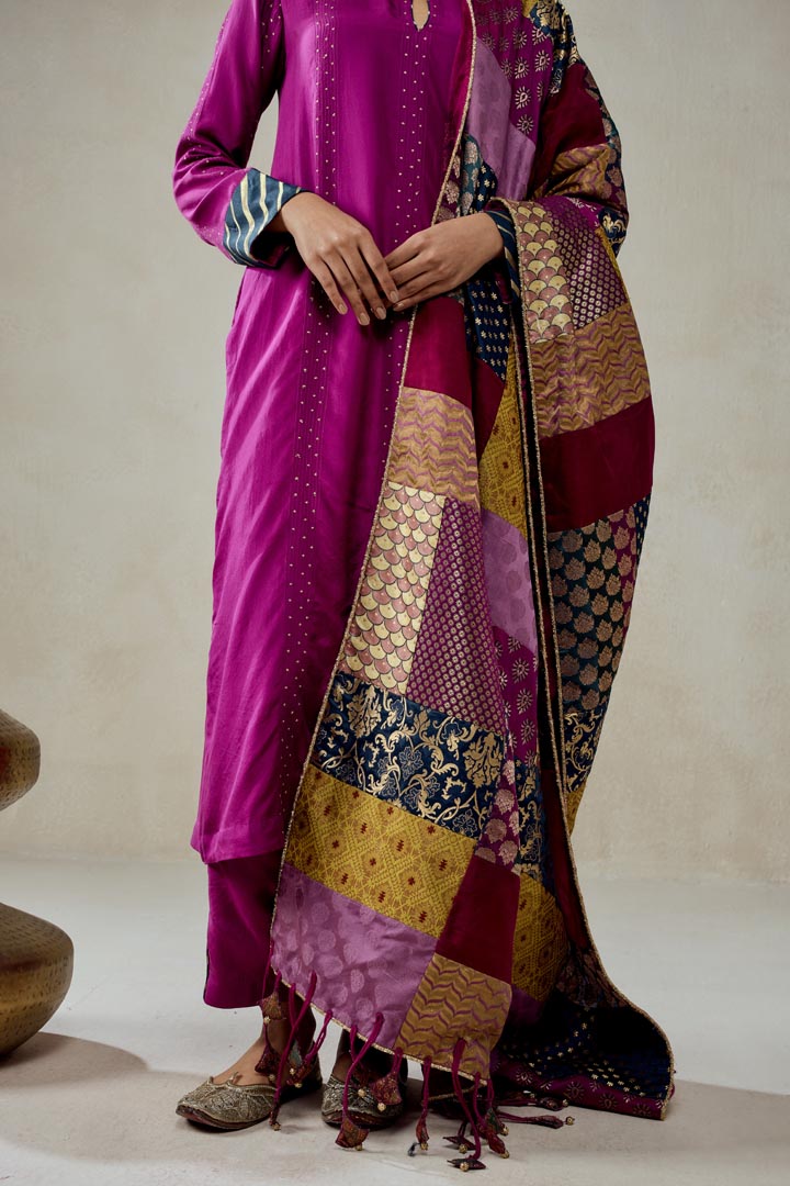 Wine Silk Salwar Suit with Multicolour Brocade Dupatta Set