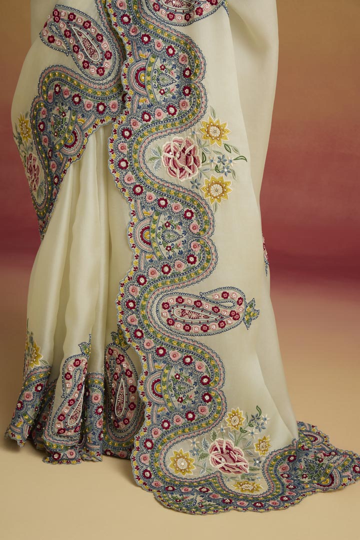 IVORY CORDWORK PAISLEY SAREE