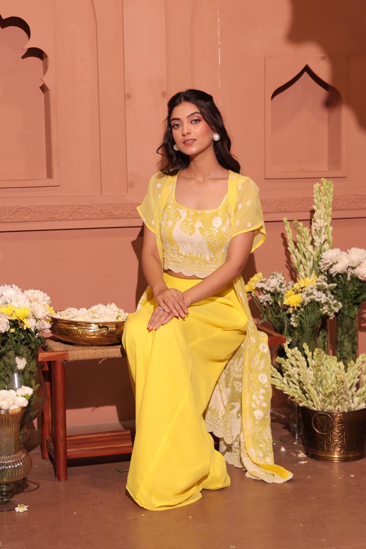 Sunlit Peacock Embroidered Cape Set