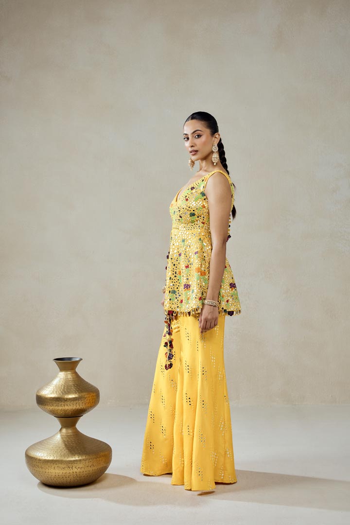 Yellow Embroidered Peplum Sharara Set for Festive Occasions