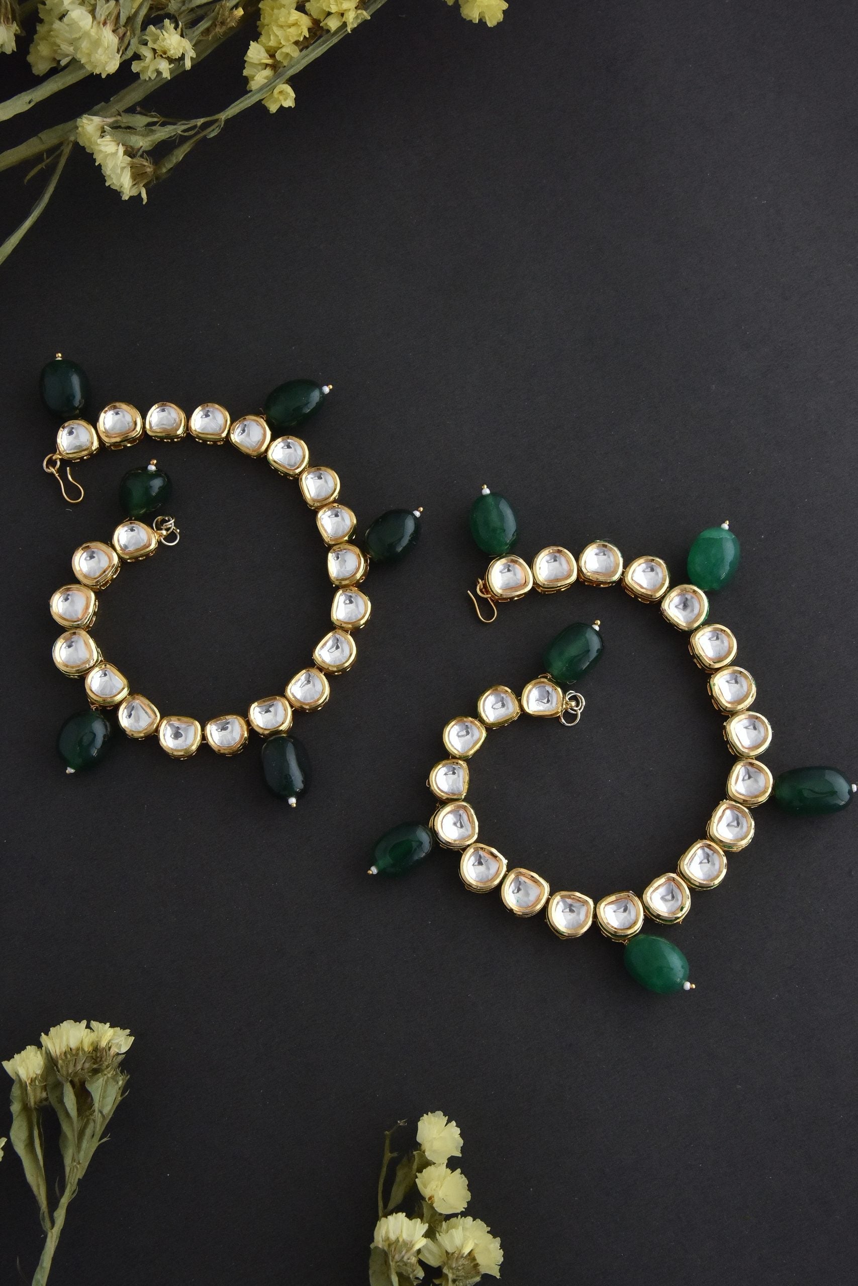 Green Gold Tone Kundan Anklets