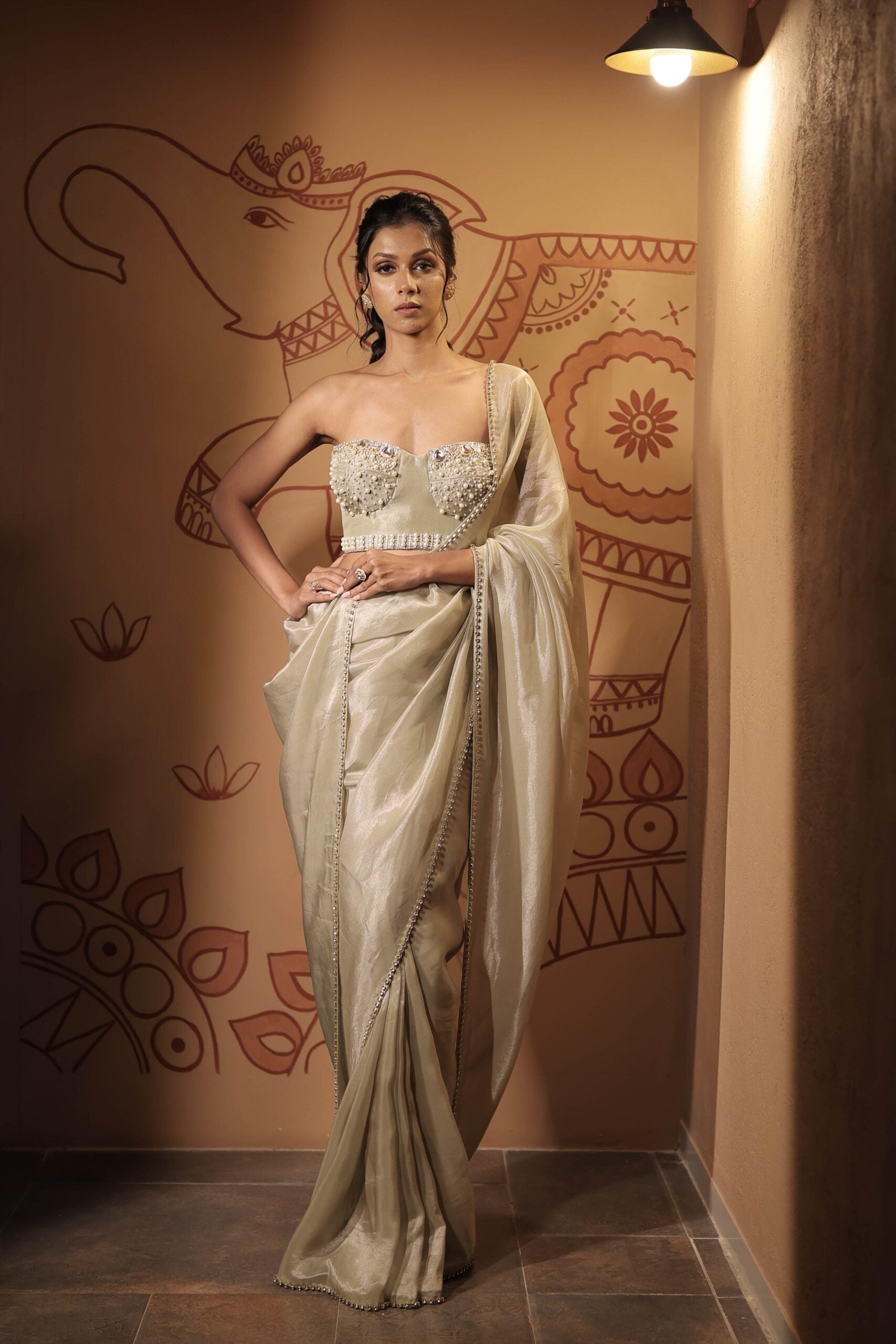 The "Nirvana " pearl saree / Pastel green kundan and pearl embellished tissue saree set