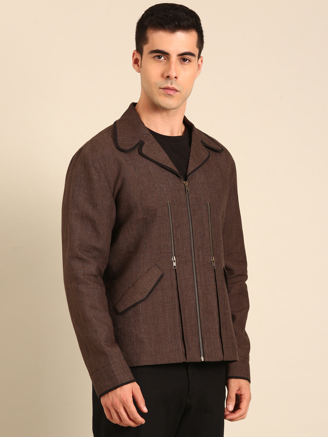 Brown 100% Linen Bomber Jacket