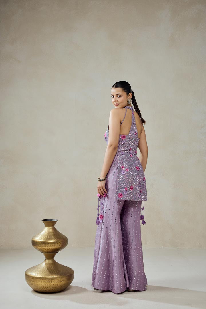 Mauve Halter Neck Kurta Set With Embroidered Sharara Trouser