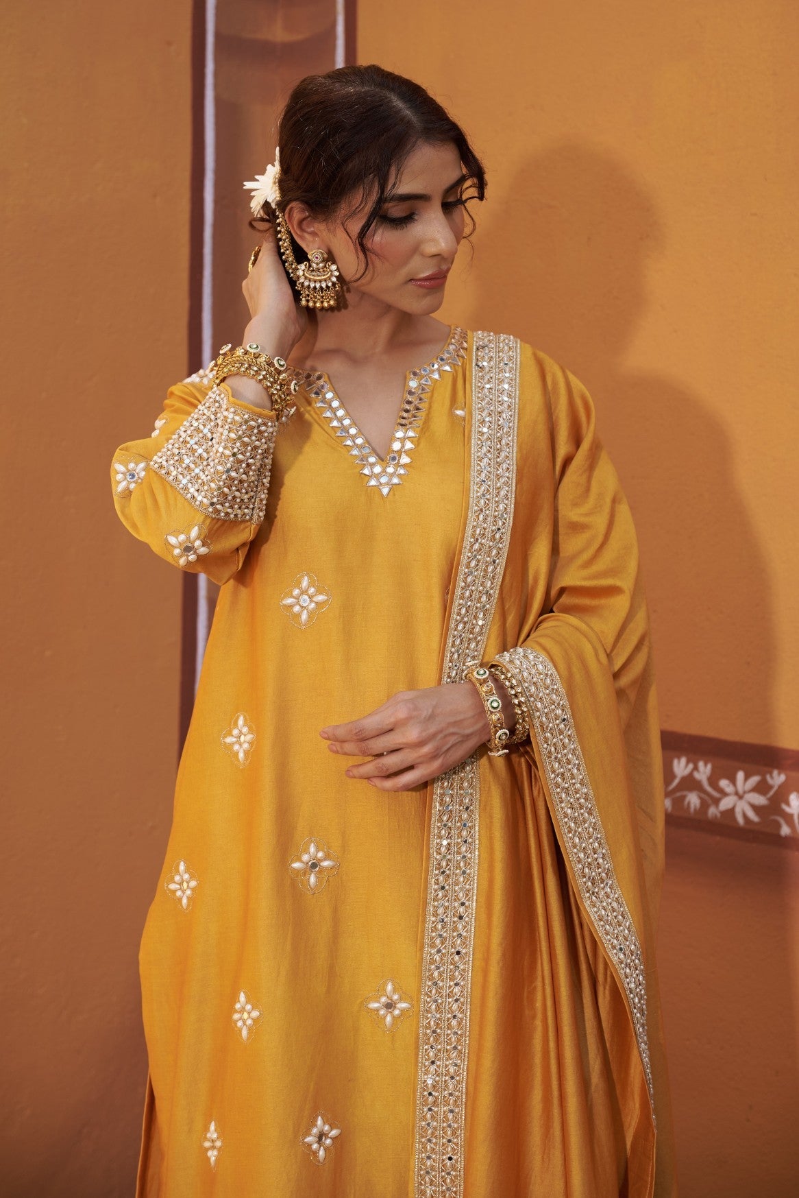 Golden yellow hand embroidered mirror work Kurta Set