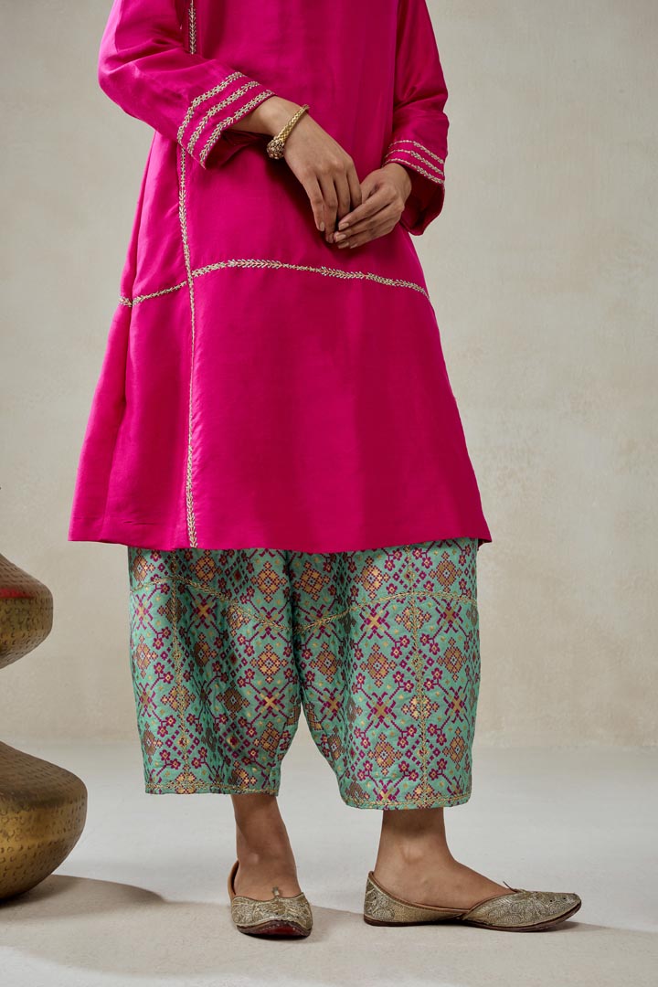 Fuschia Embroidered Silk Kurta with Aqua Patola Salwar Set