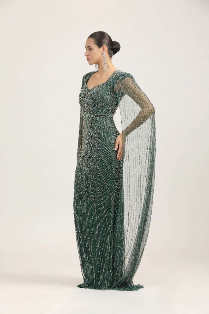 Emerald Green Beaded Column Gown with Cape Sleeves - Luxury Evening Wear