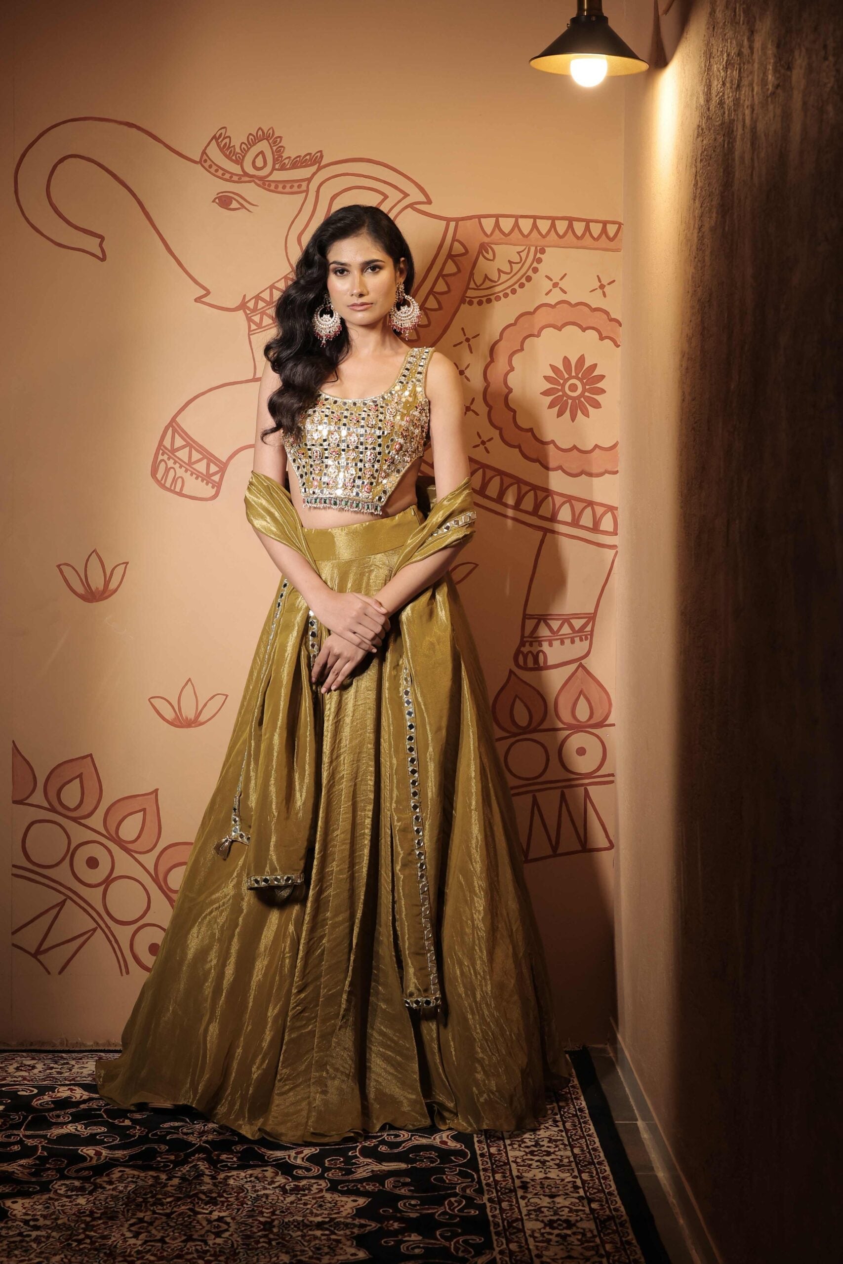 The " Sheesh Mahal" lehenga set /olive green jewel and mirror embellished tissue lehenga set
