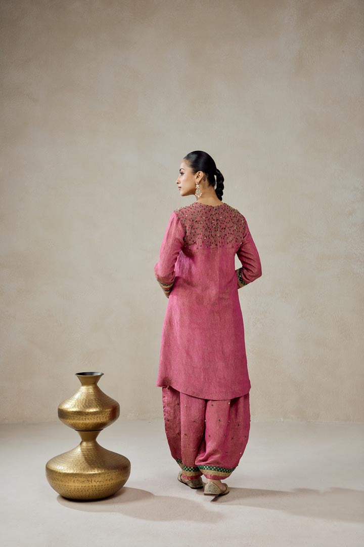 Rose Pink Crinkle Tissue Suit Set - Elegant Festive Wear