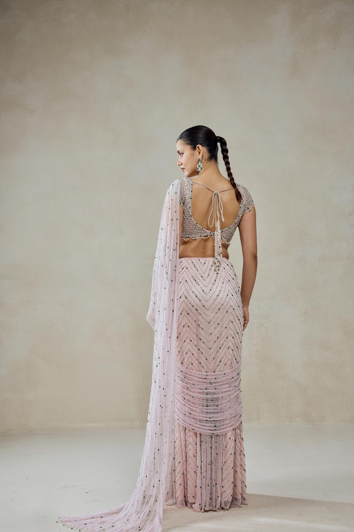 Baby Pink Draped Saree Set with Sequin Work for Weddings