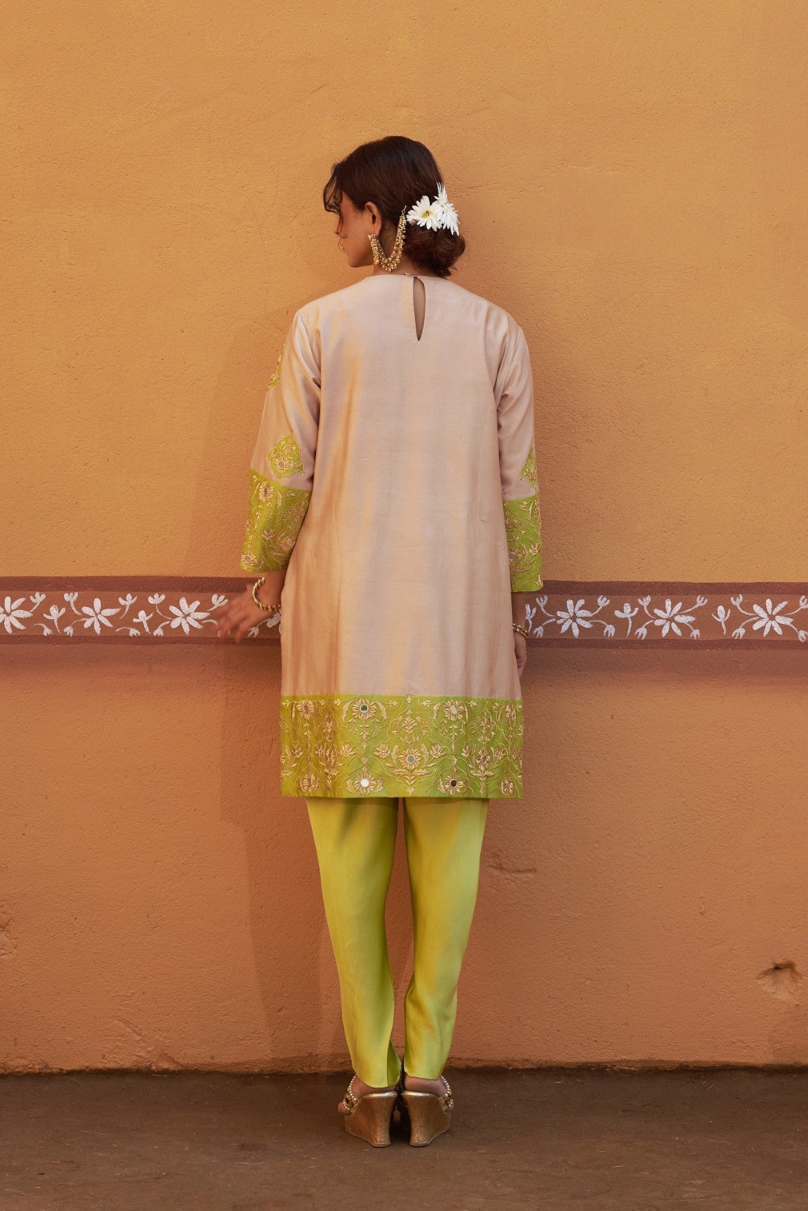 half and half beige green kurta with tulip pants