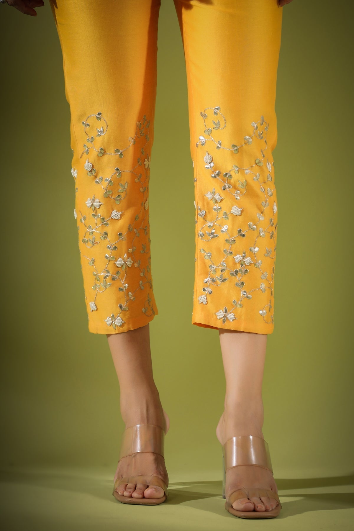 Image of Haseena phool jaal gota patti tunic pants co-ord set in mnago yellow