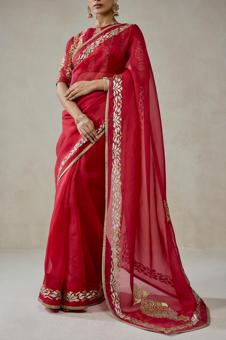 Elegant Red Organza Saree Set with Gold Embroidery and Brocade Blouse