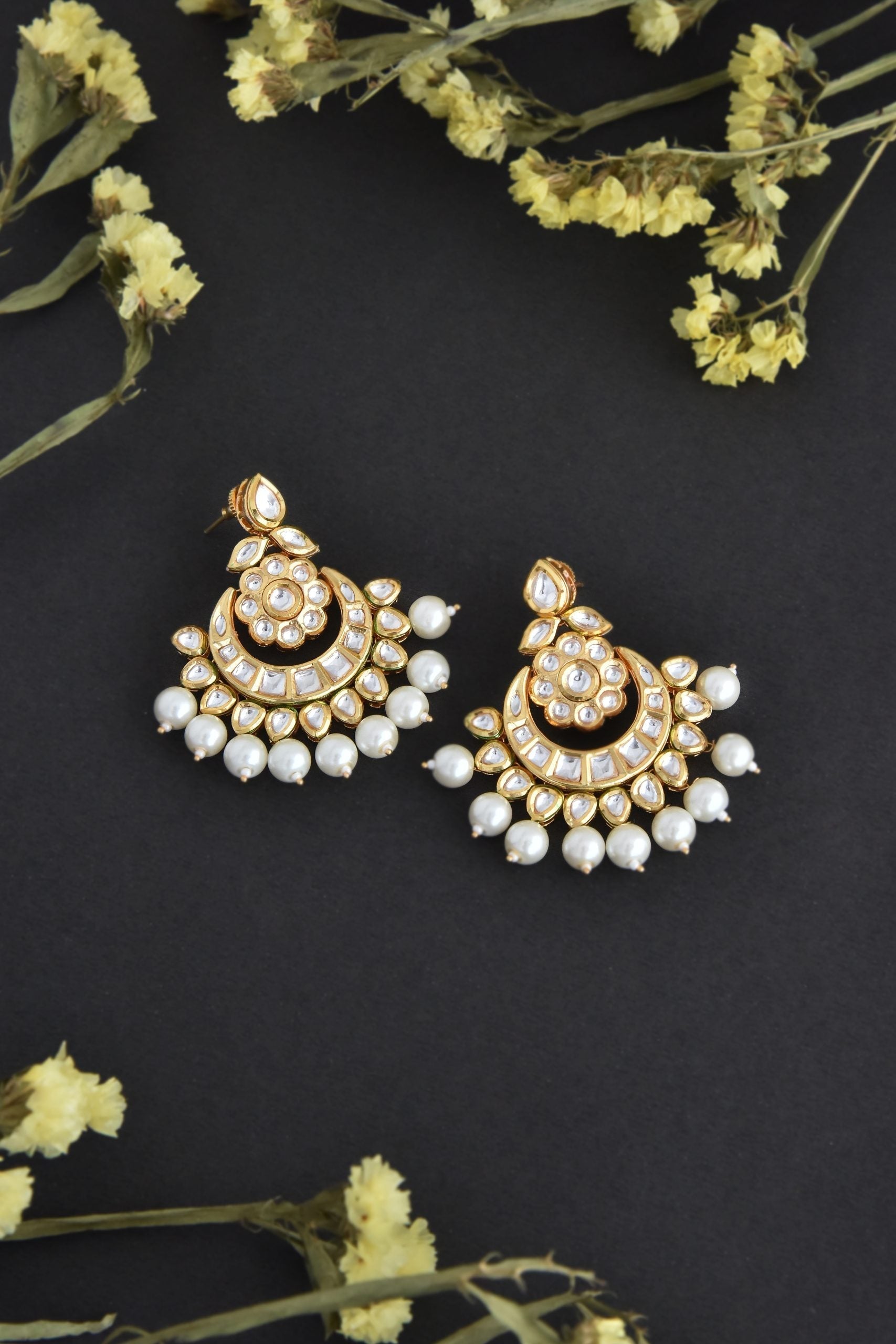 White Gold Tone Kundan and Pearl Chandbali Earrings