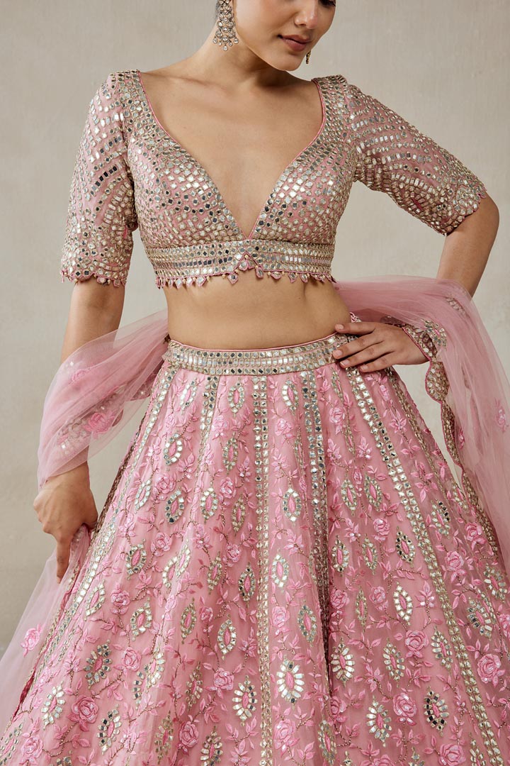Pink Organza Mirror Work Lehenga Set with Multiresham Embroidery